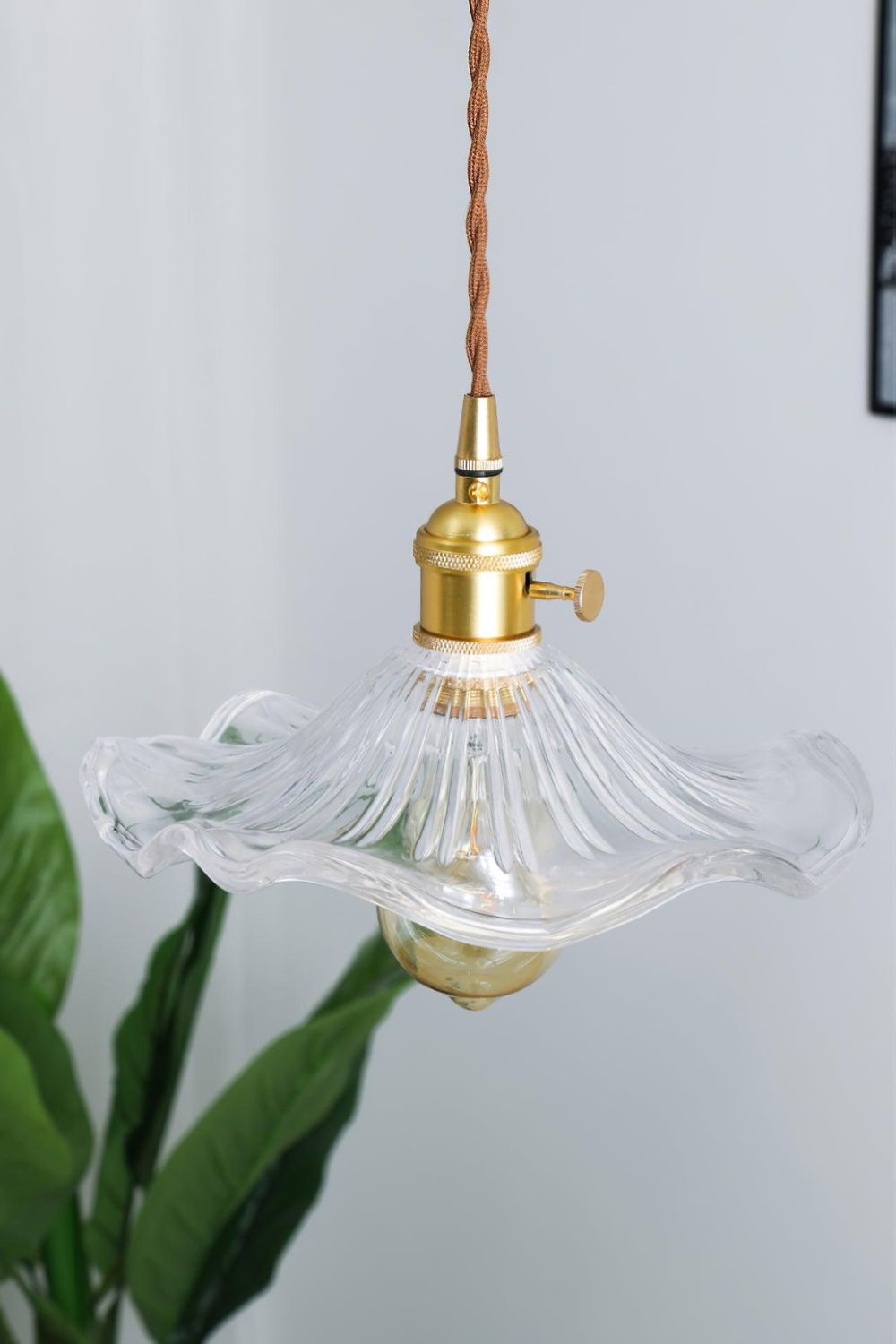 Art Nouveau Fluted Glass Pendant Light with Brass Holder