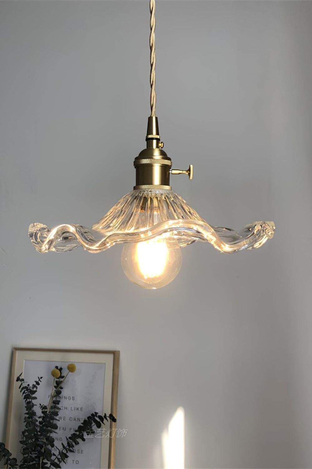 Art Nouveau Fluted Glass Pendant Light with Brass Holder