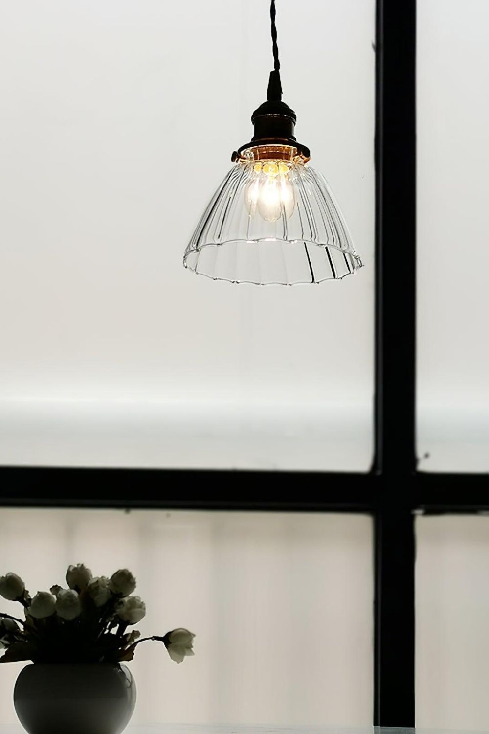 Retro Ribbed Glass Pendant Light with Brass Fitting, 14 cm