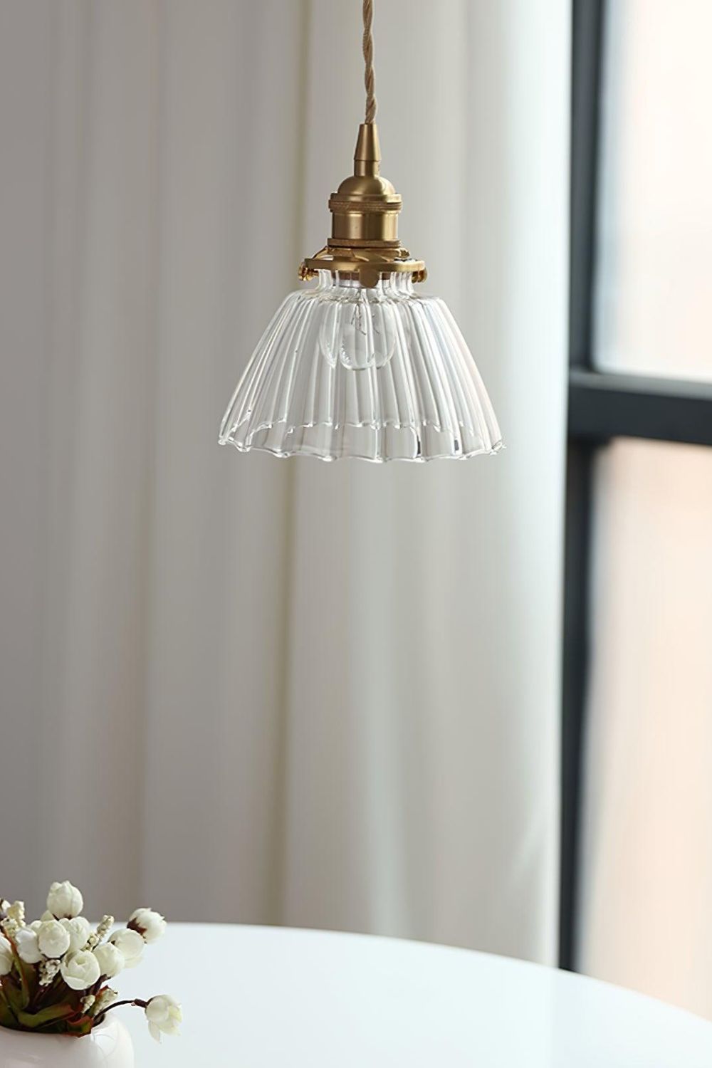 Retro Ribbed Glass Pendant Light with Brass Fitting, 14 cm