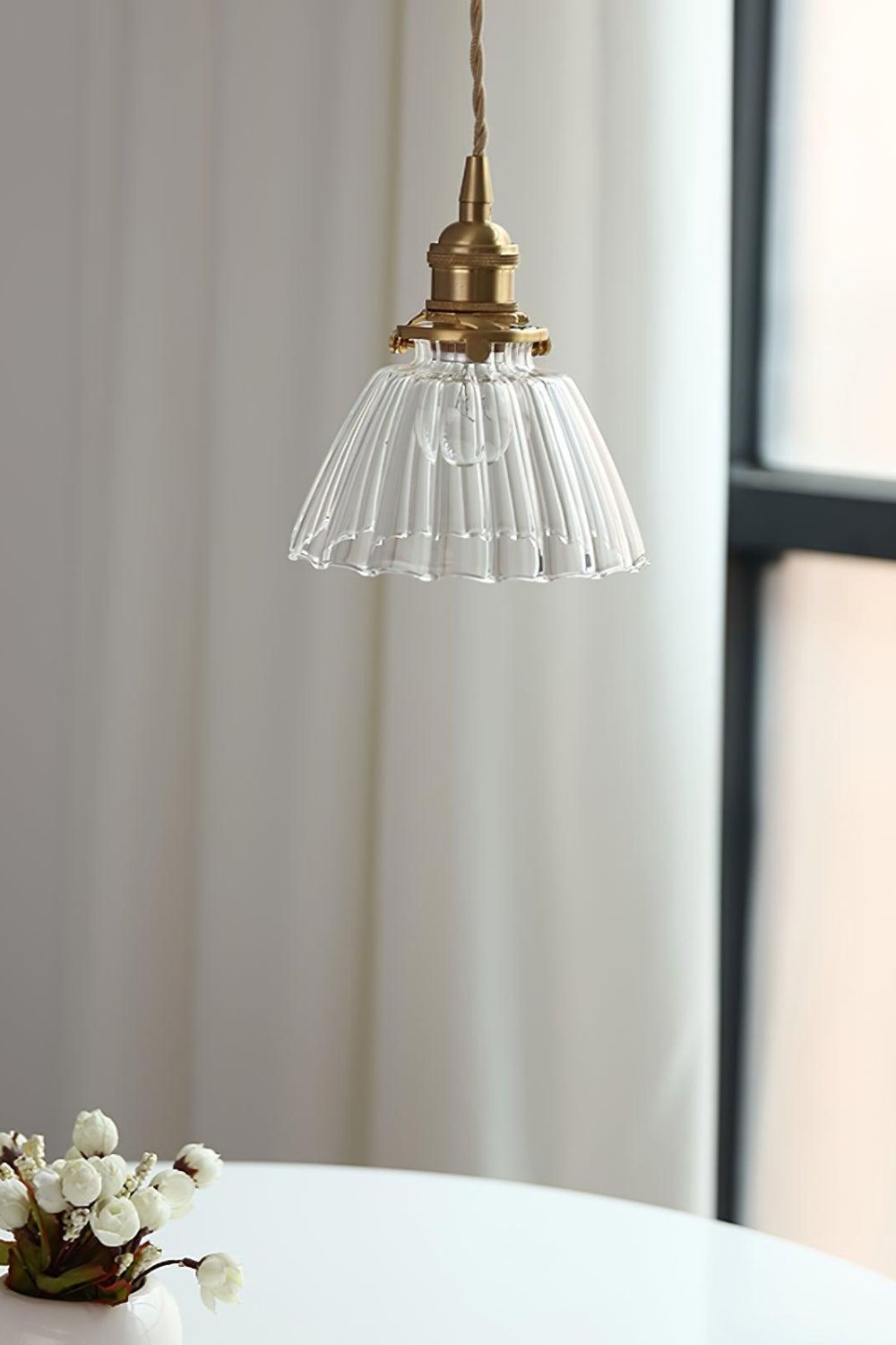 Retro Ribbed Glass Pendant Light with Brass Fitting, 14 cm