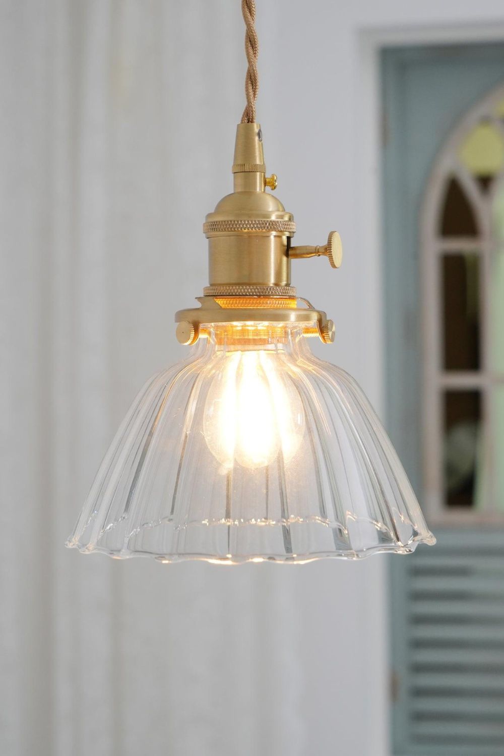 Retro Ribbed Glass Pendant Light with Brass Fitting, 14 cm