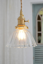 Retro Ribbed Glass Pendant Light with Brass Fitting, 14 cm
