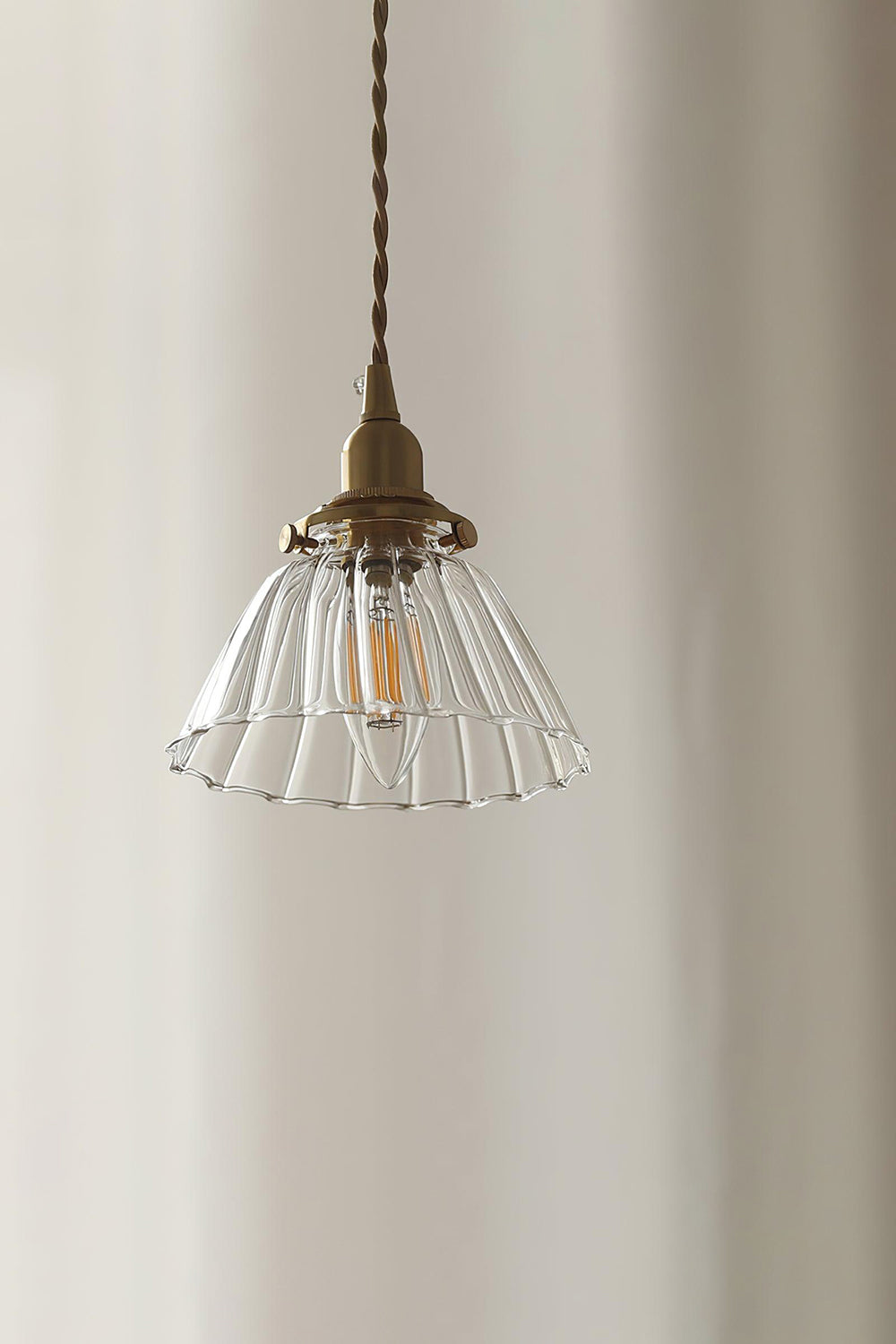 Retro Ribbed Glass Pendant Light with Brass Fitting, 14 cm