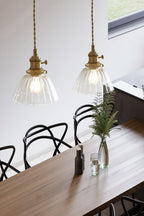 Retro Ribbed Glass Pendant Light with Brass Fitting, 14 cm