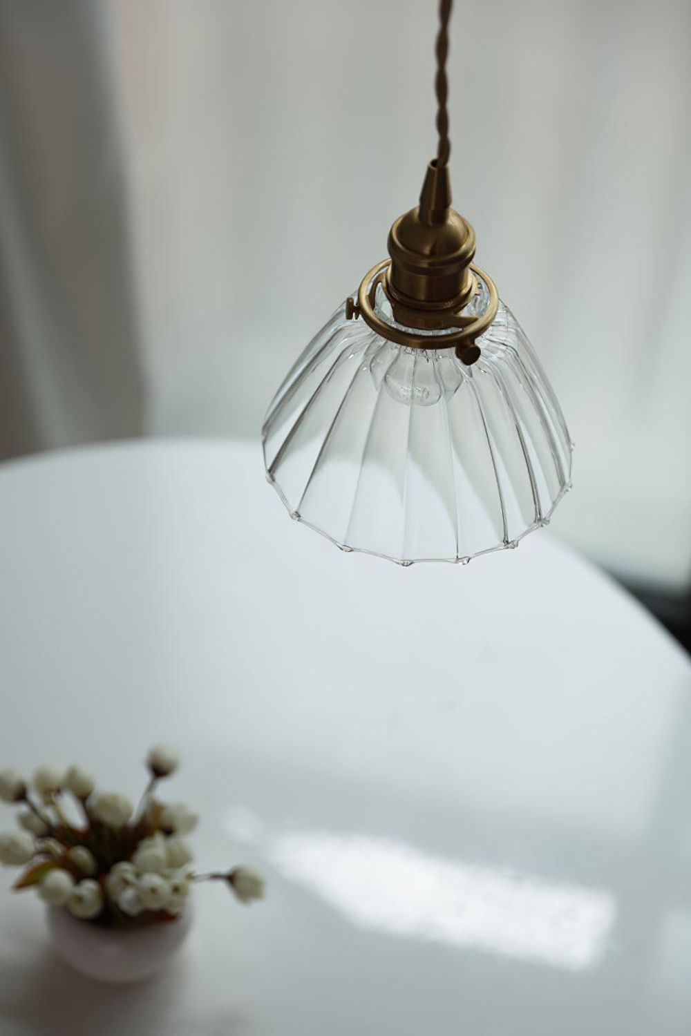 Retro Ribbed Glass Pendant Light with Brass Fitting, 14 cm