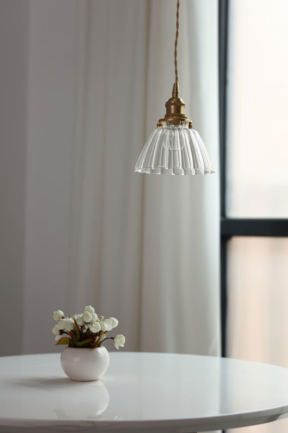 Retro Ribbed Glass Pendant Light with Brass Fitting, 14 cm