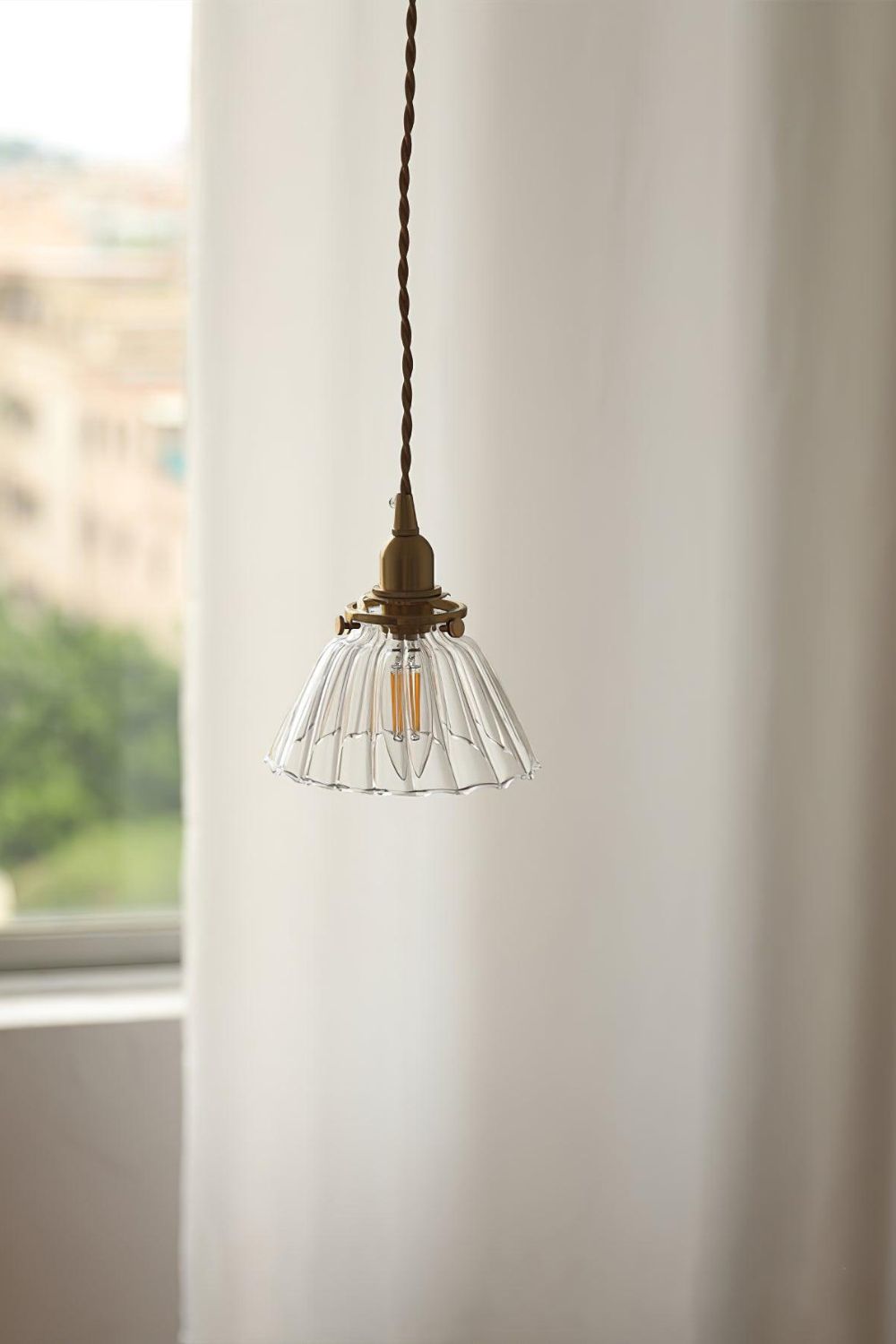 Retro Ribbed Glass Pendant Light with Brass Fitting, 14 cm