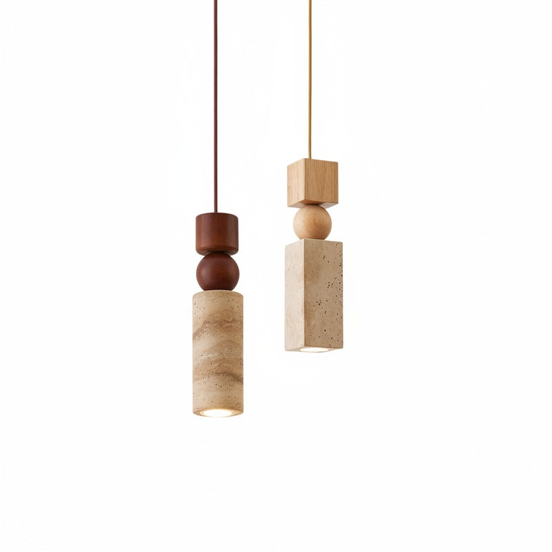 Scandi Travertine Pendant Light with Wood Detail