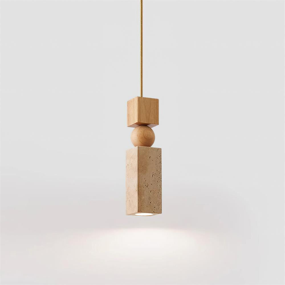 Scandi Travertine Pendant Light with Wood Detail