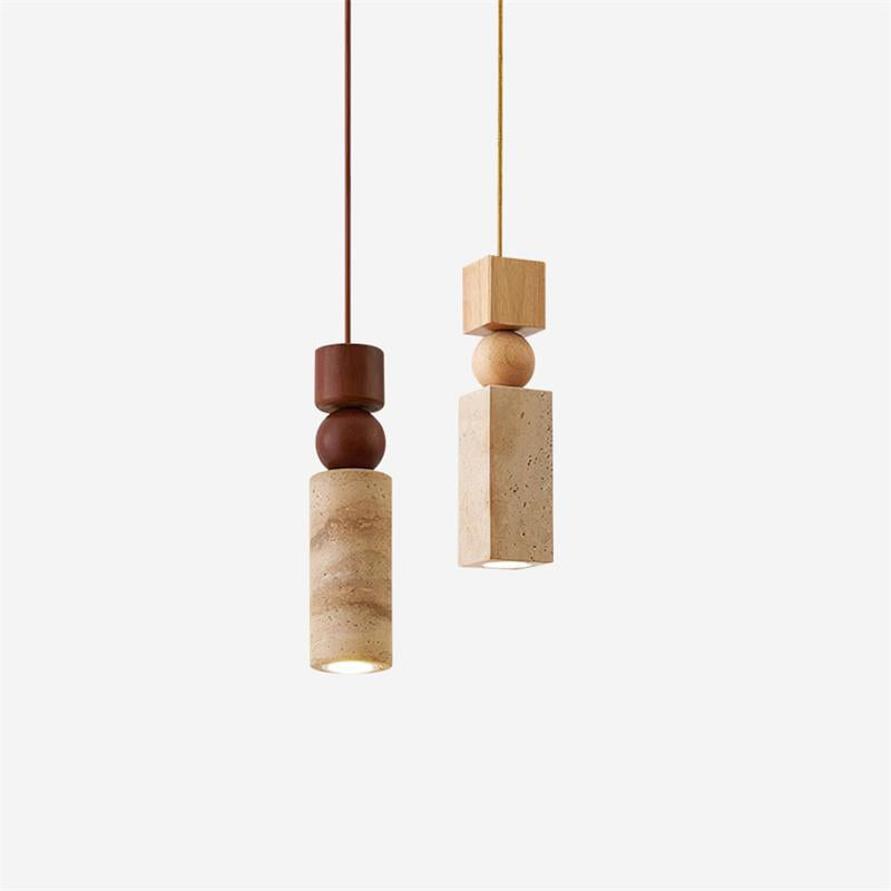Scandi Travertine Pendant Light with Wood Detail