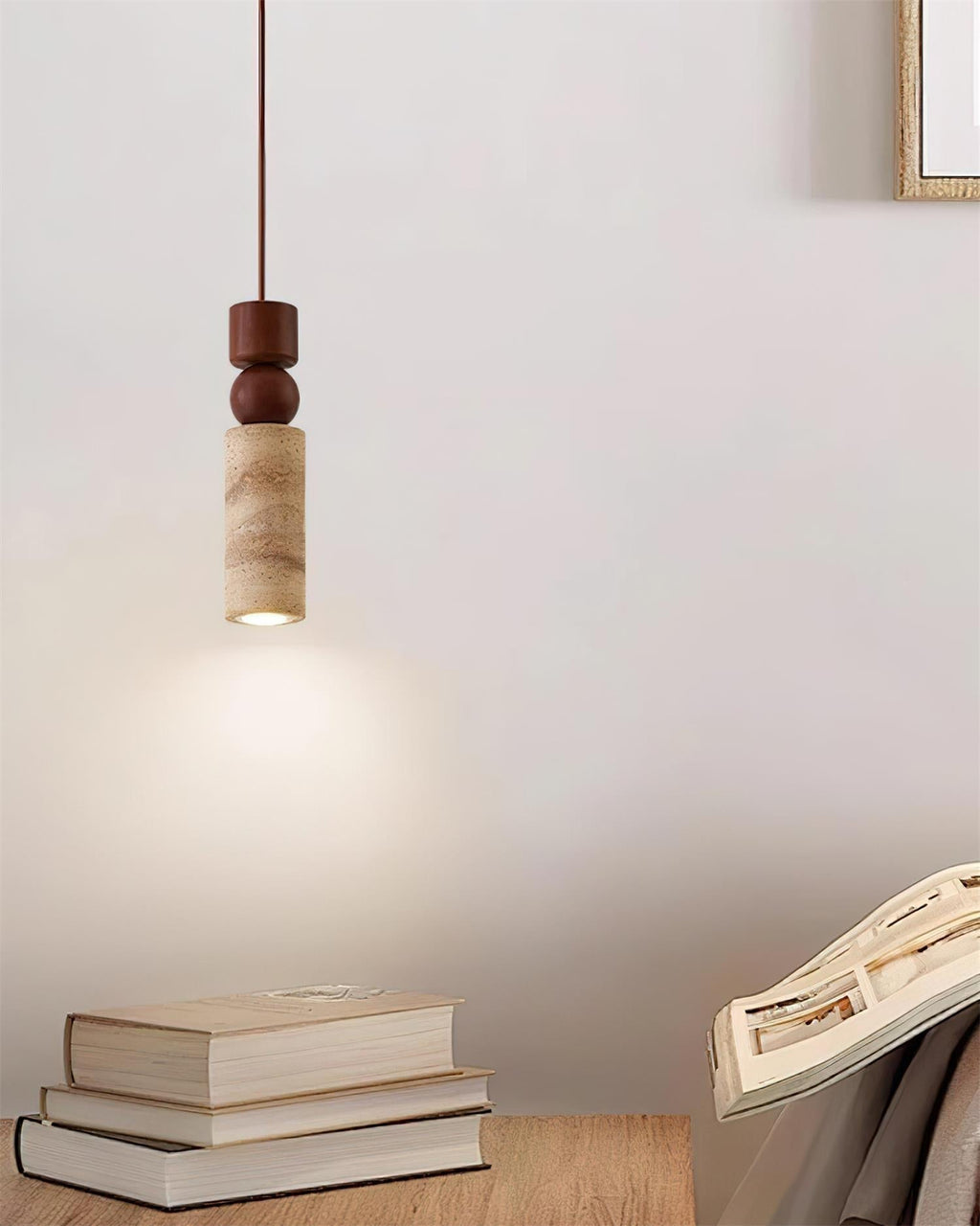 Scandi Travertine Pendant Light with Wood Detail