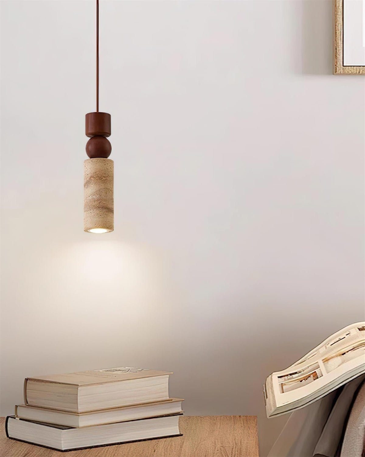 Scandi Travertine Pendant Light with Wood Detail