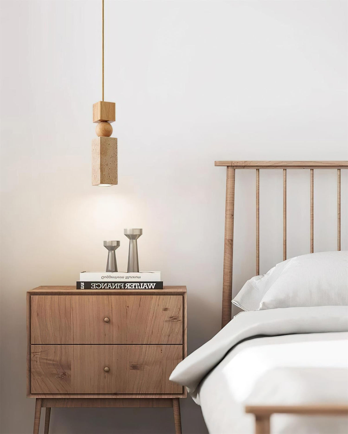 Scandi Travertine Pendant Light with Wood Detail