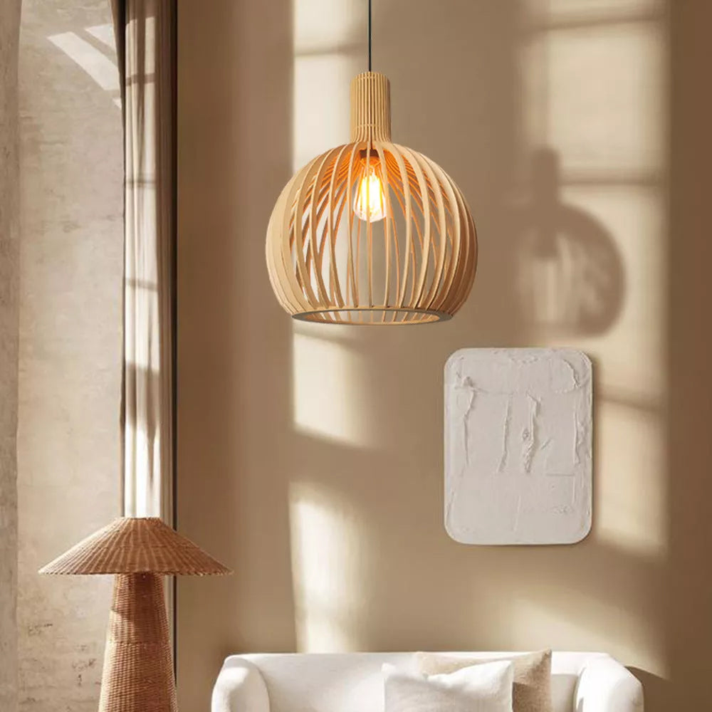 Wood Slat Cage Pendant Light, Scandi Japandi Style