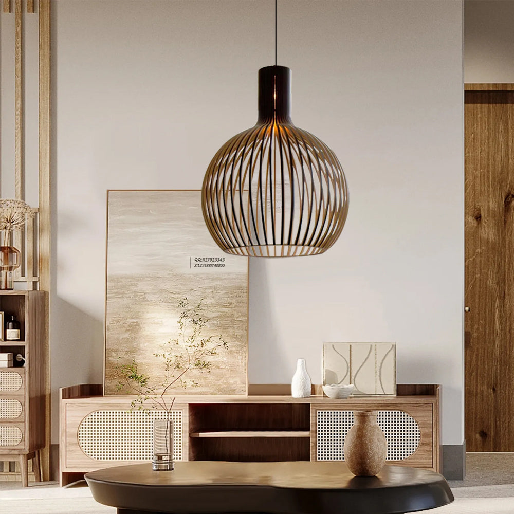 Wood Slat Cage Pendant Light, Scandi Japandi Style