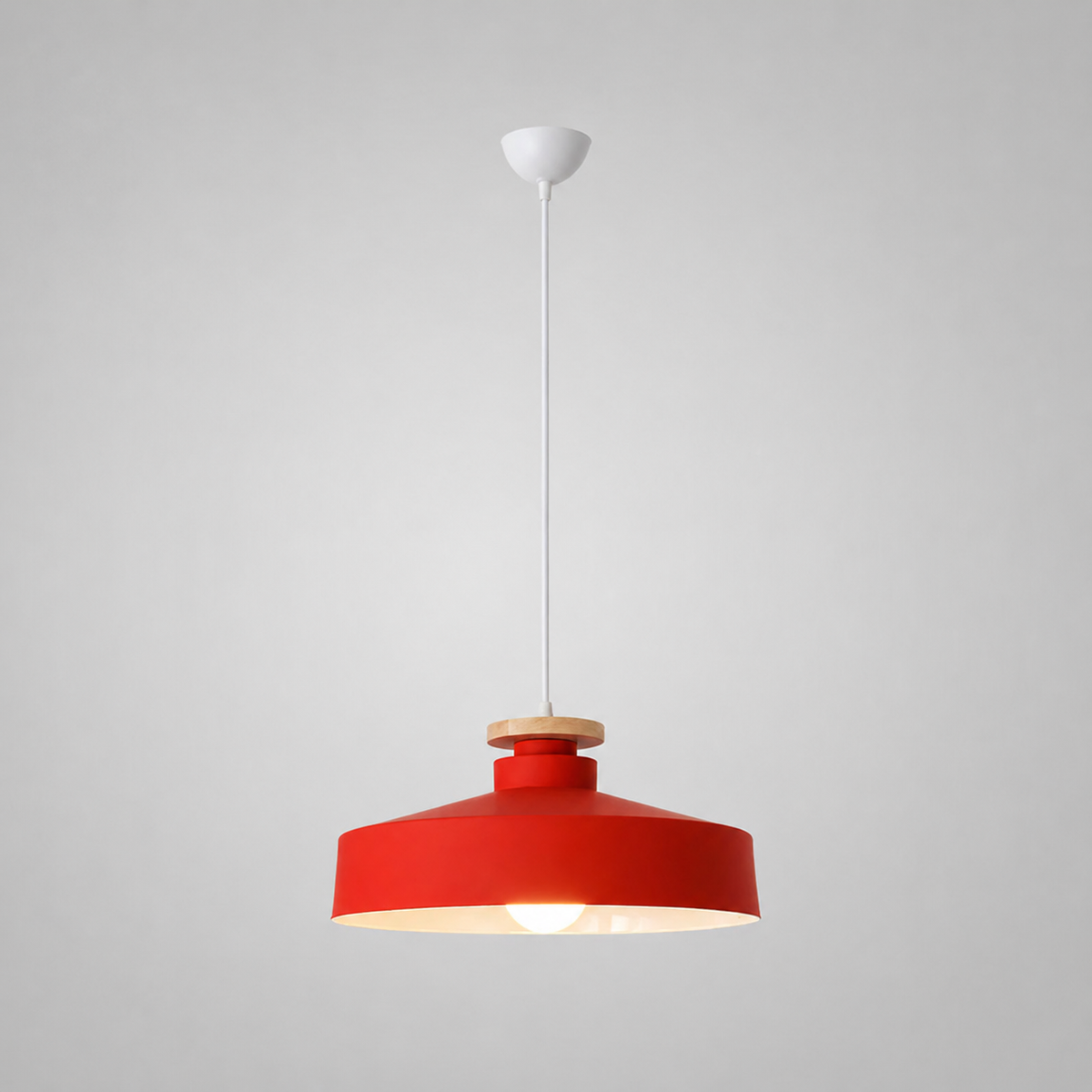 Scandi Flat Dome Pendant Light with Wood Detail
