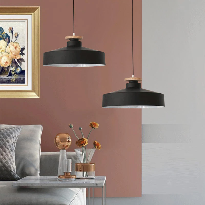 Scandi Flat Dome Pendant Light with Wood Detail