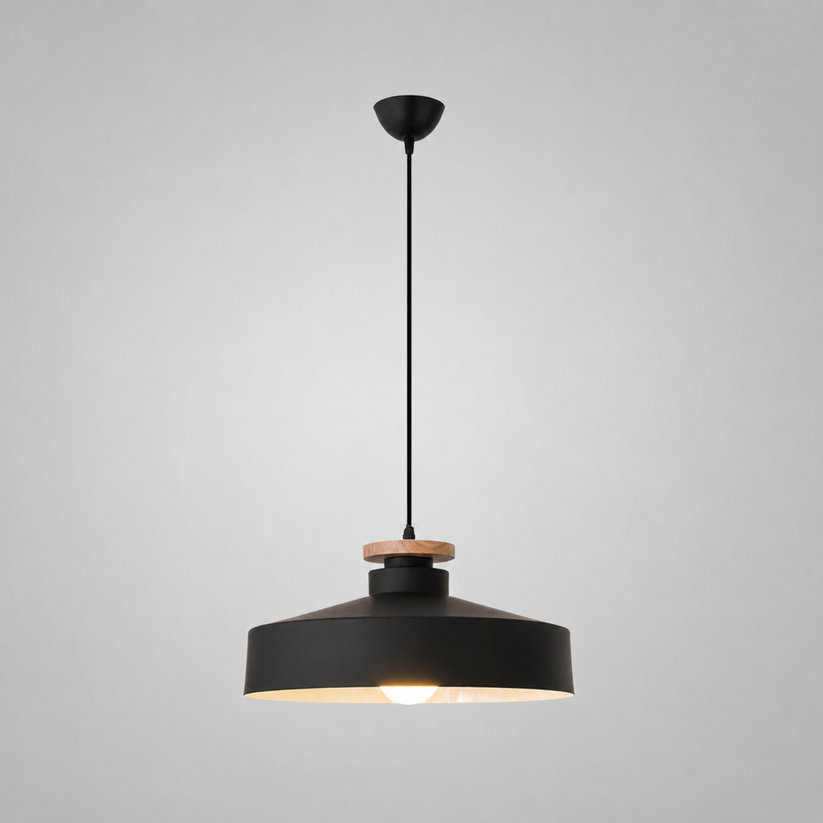 Scandi Flat Dome Pendant Light with Wood Detail