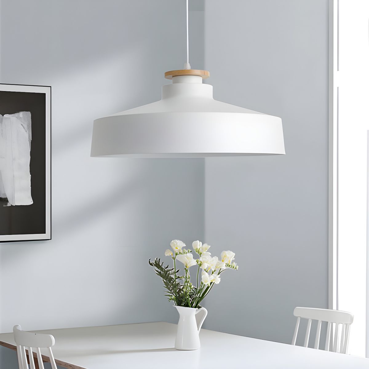 Scandi Flat Dome Pendant Light with Wood Detail