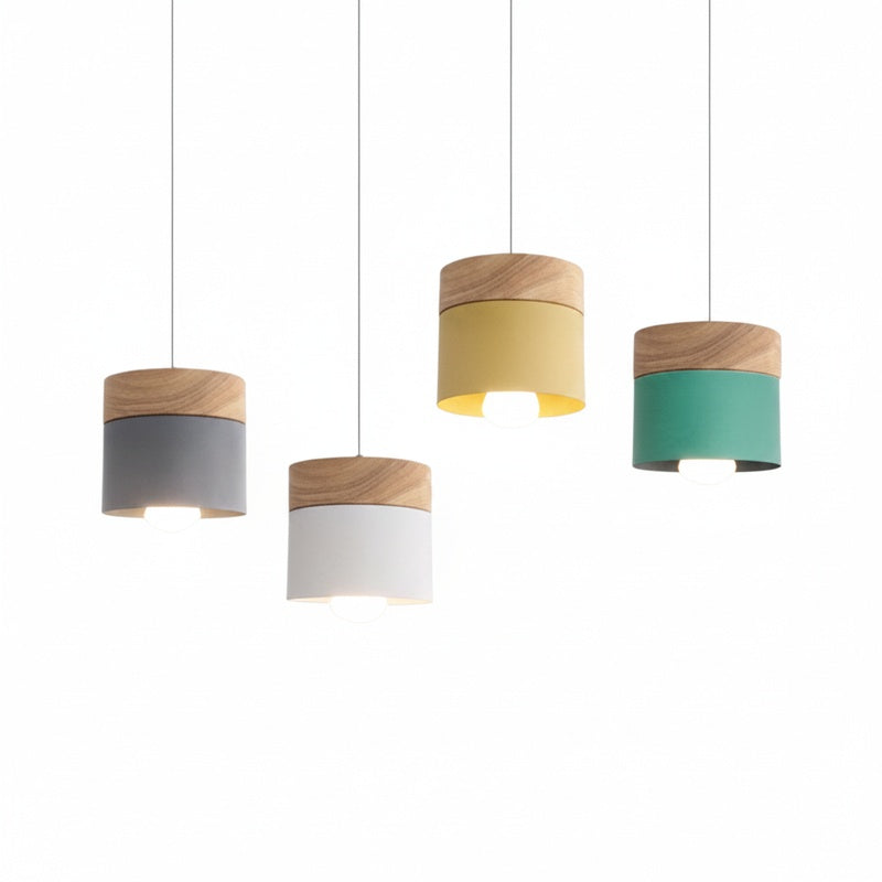 Scandinavian Pendant Light, Wood and Metal Drum Shade