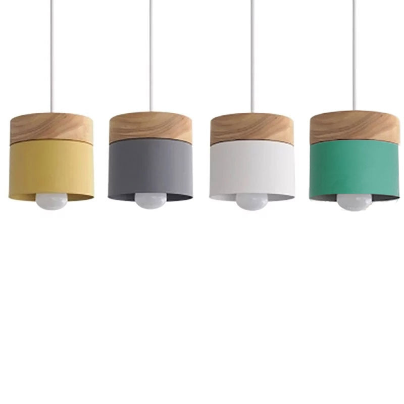 Scandinavian Pendant Light, Wood and Metal Drum Shade