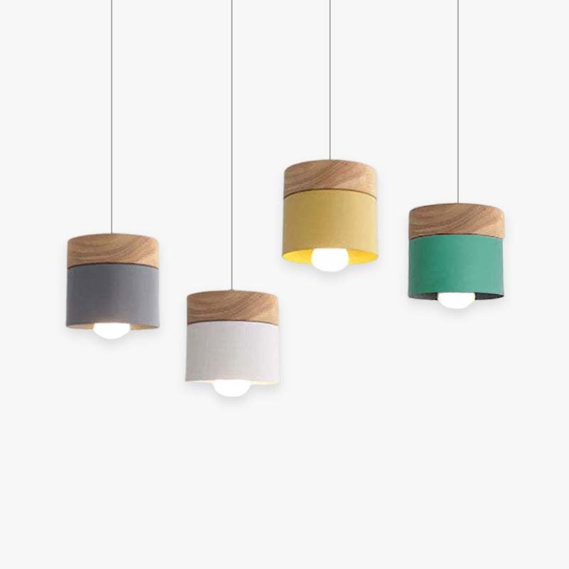 Scandinavian Pendant Light, Wood and Metal Drum Shade