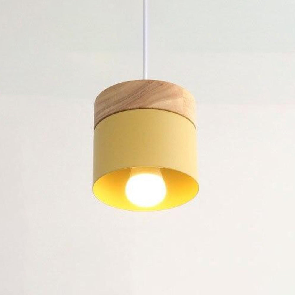 Scandinavian Pendant Light, Wood and Metal Drum Shade