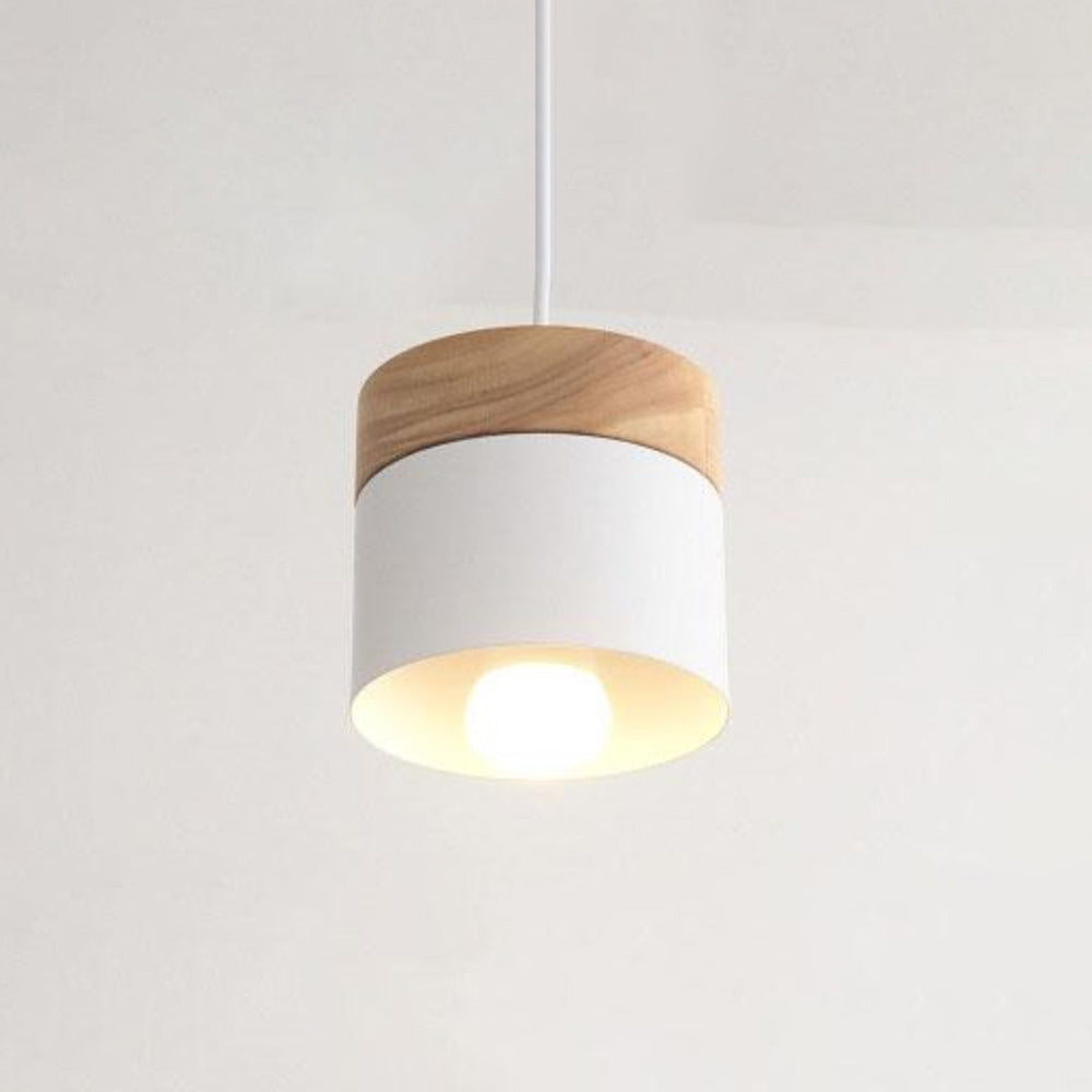 Scandinavian Pendant Light, Wood and Metal Drum Shade