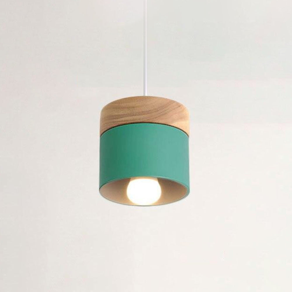 Scandinavian Pendant Light, Wood and Metal Drum Shade
