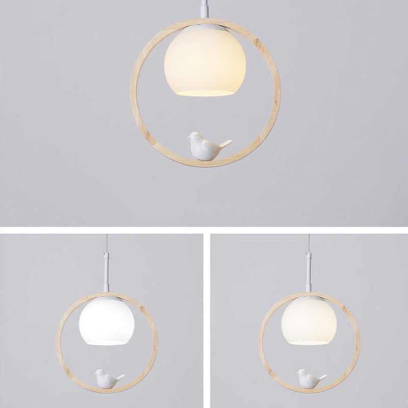 Scandi Wood Ring Pendant Light with Bird Detail, 3 Colour Temps