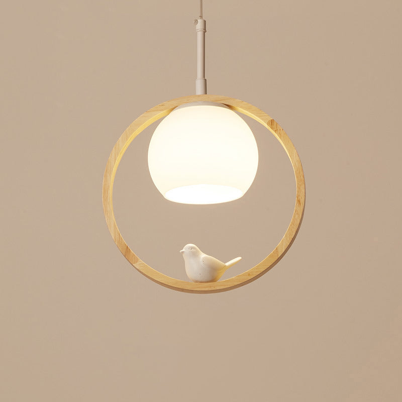 Scandi Wood Ring Pendant Light with Bird Detail, 3 Colour Temps