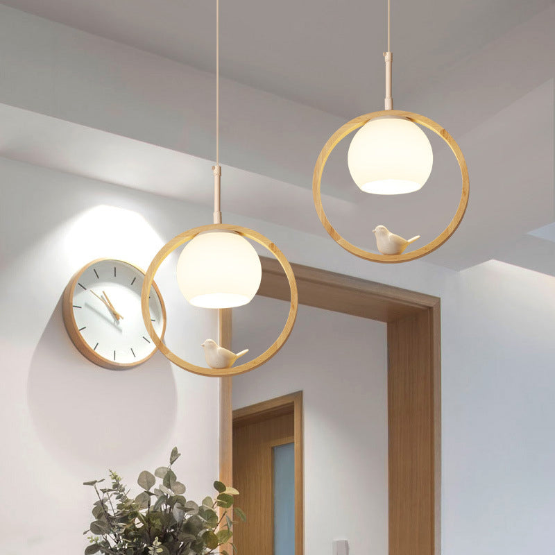 Scandi Wood Ring Pendant Light with Bird Detail, 3 Colour Temps