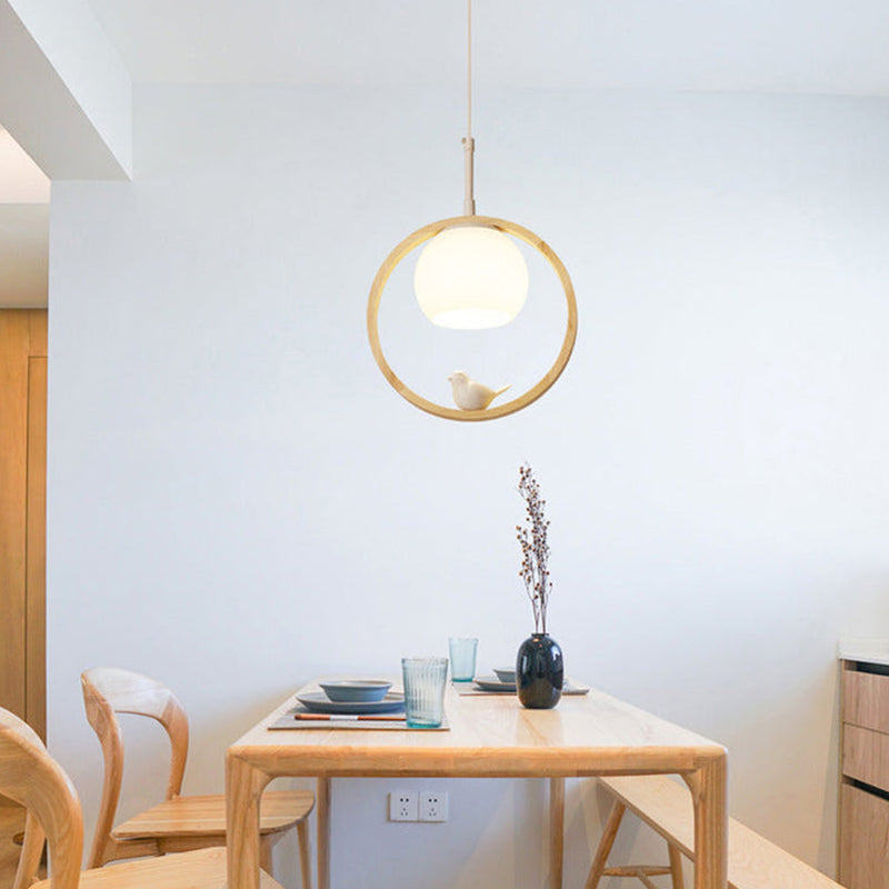 Scandi Wood Ring Pendant Light with Bird Detail, 3 Colour Temps