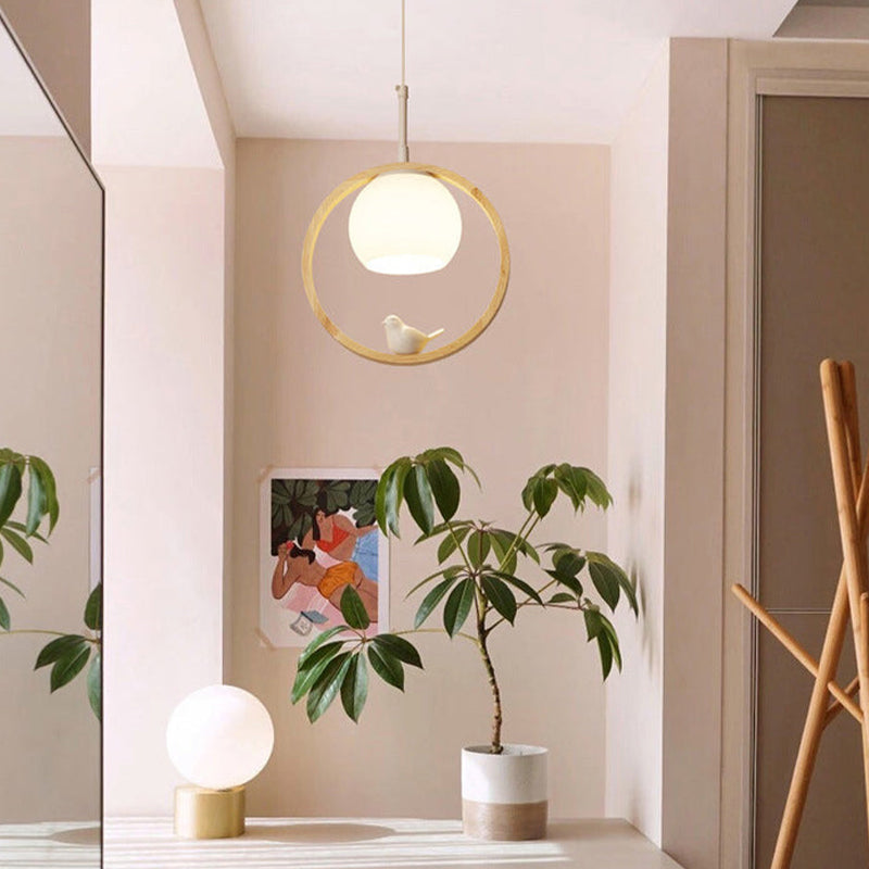 Scandi Wood Ring Pendant Light with Bird Detail, 3 Colour Temps