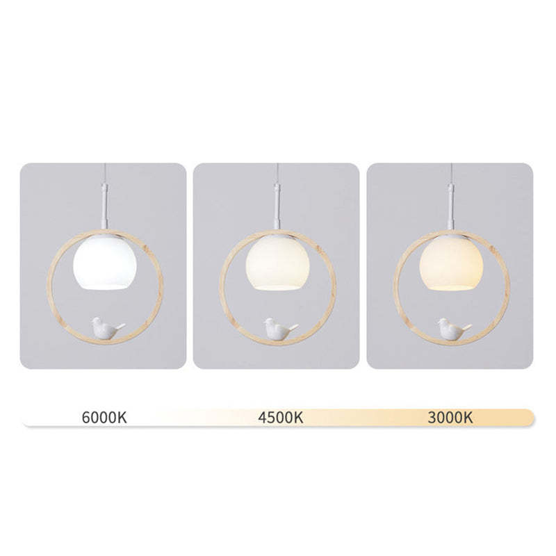 Scandi Wood Ring Pendant Light with Bird Detail, 3 Colour Temps
