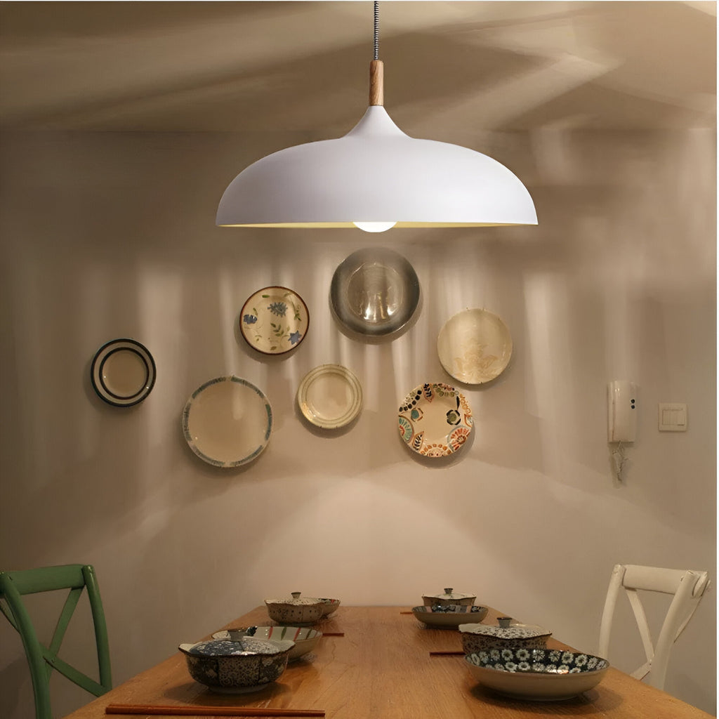 Scandi Dome Pendant Light with Solid Wood Accent, E27 Fitting