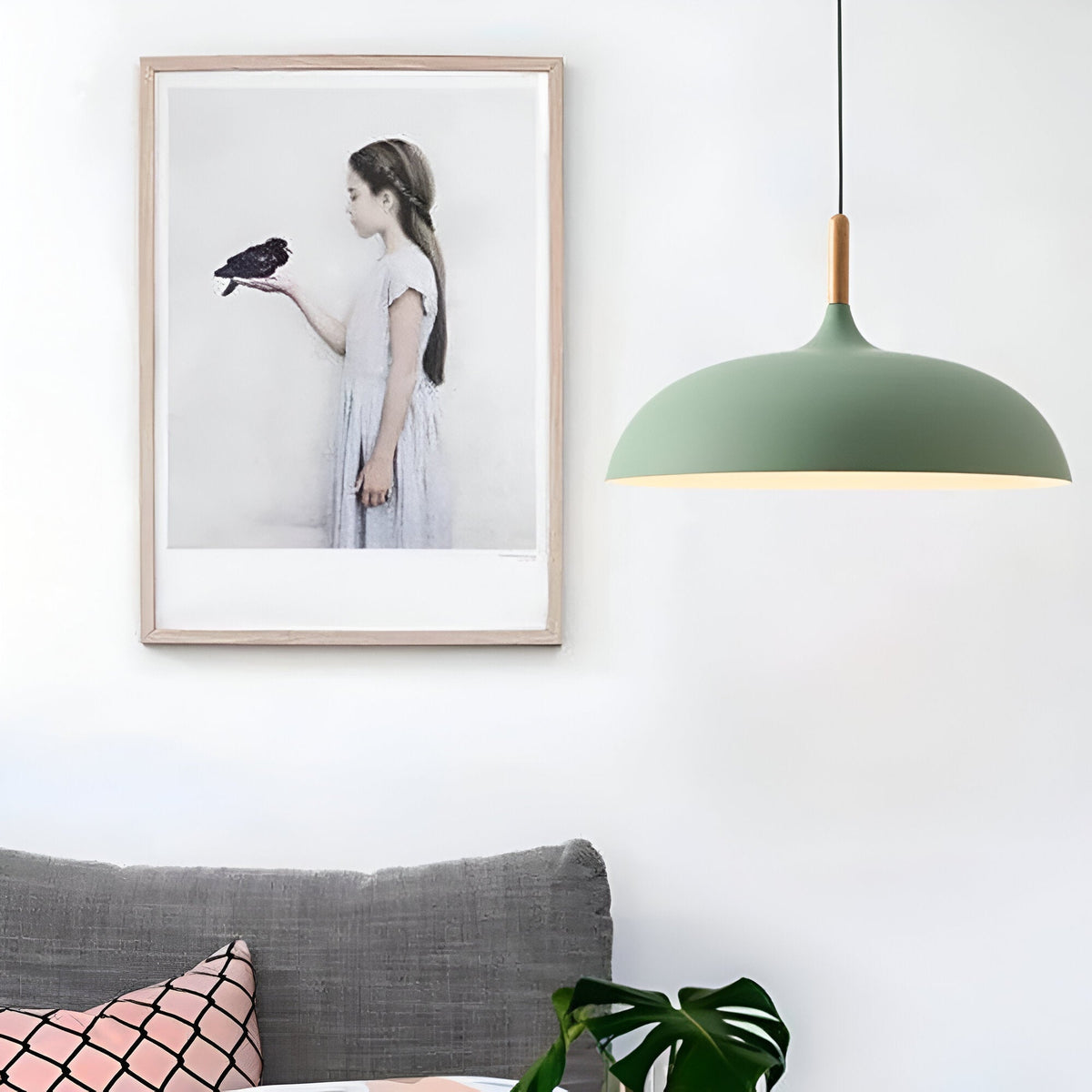Scandi Dome Pendant Light with Solid Wood Accent, E27 Fitting