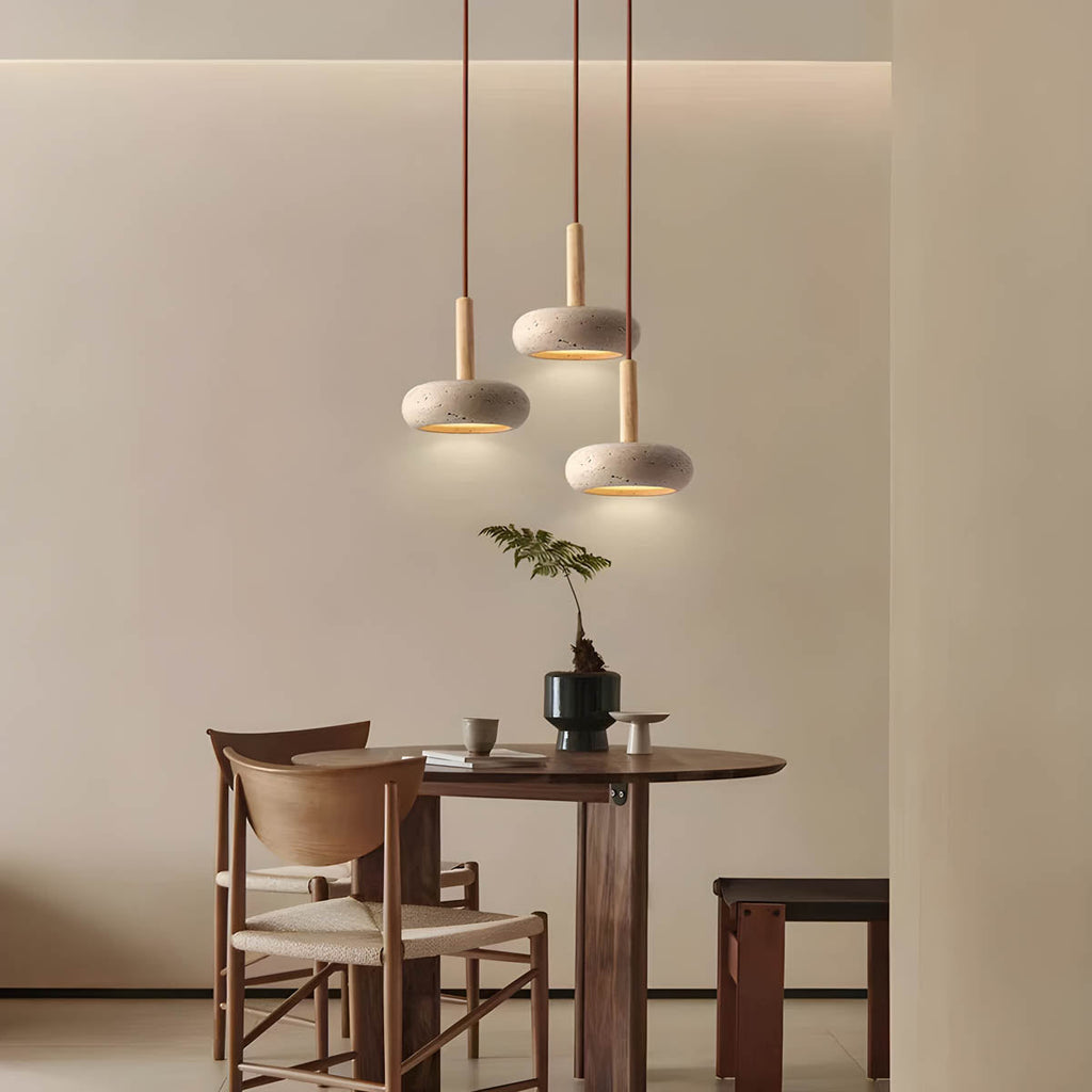 Scandi Travertine Pendant Light with Wood Detail, E27