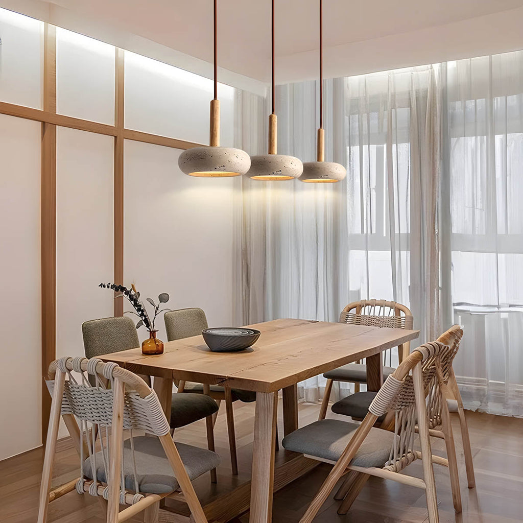 Scandi Travertine Pendant Light with Wood Detail, E27