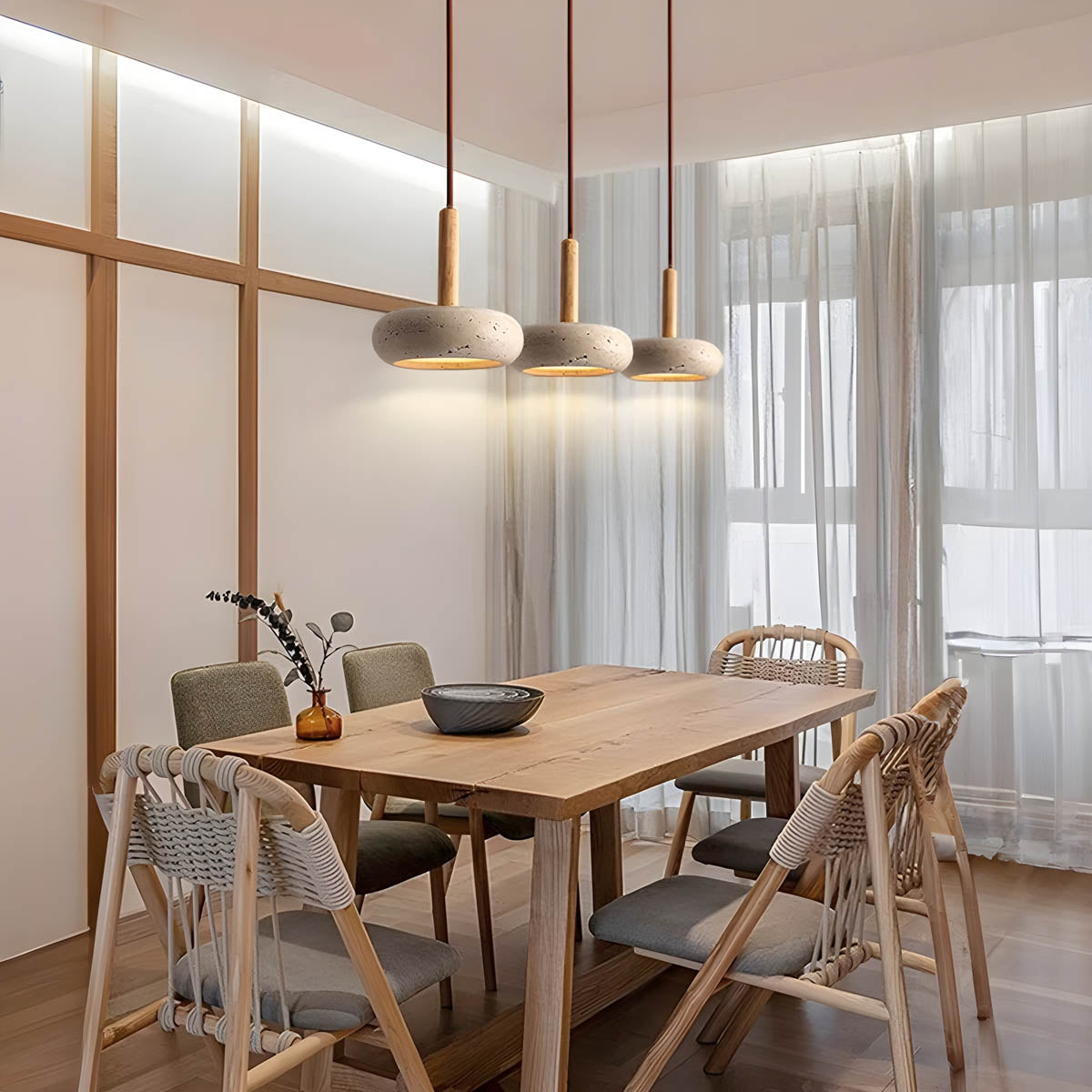 Scandi Travertine Pendant Light with Wood Detail, E27
