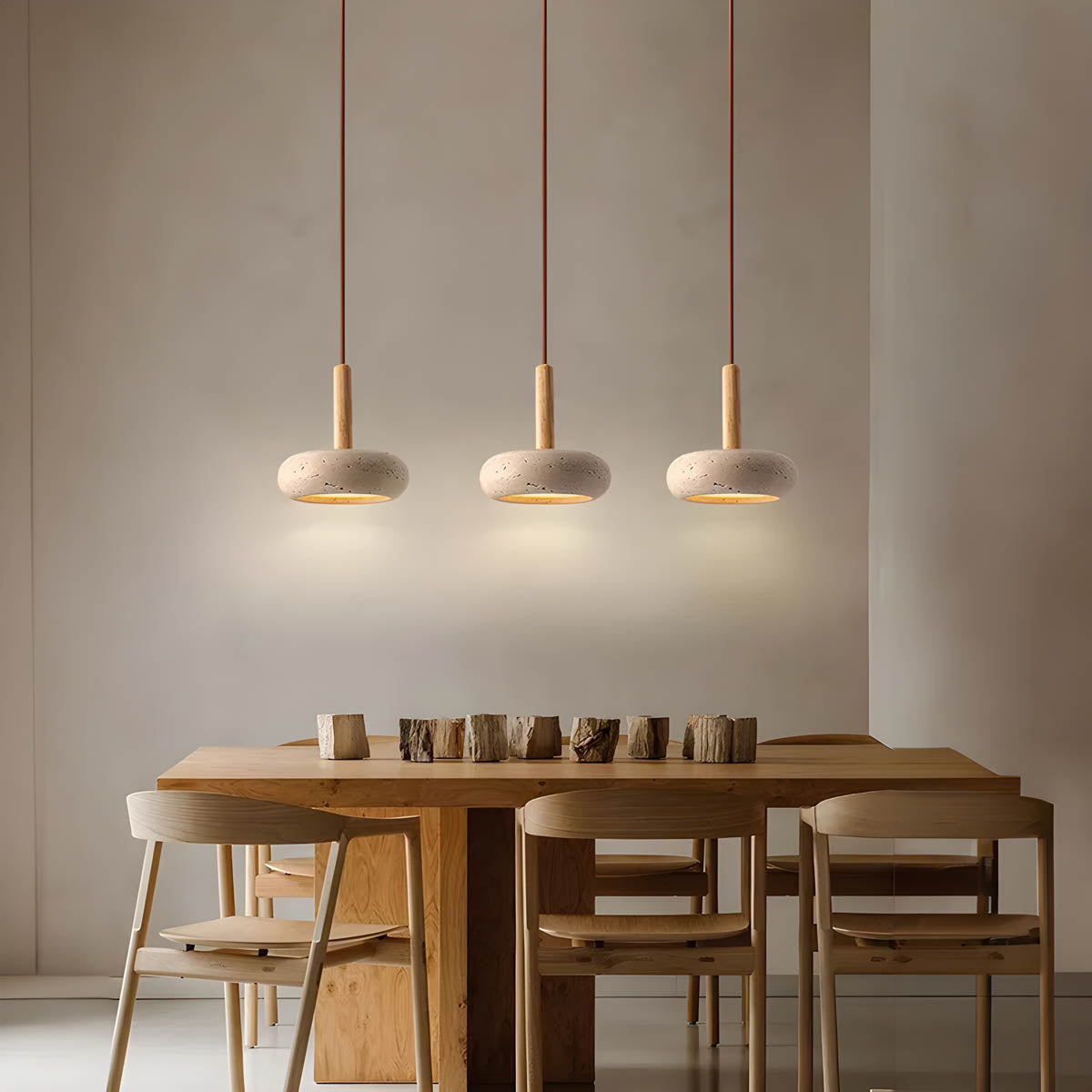Scandi Travertine Pendant Light with Wood Detail, E27