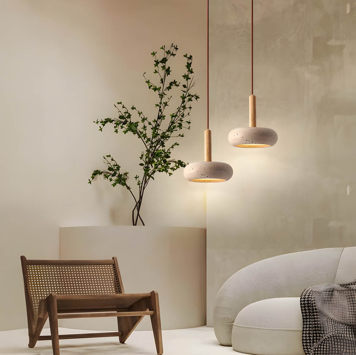 Scandi Travertine Pendant Light with Wood Detail, E27