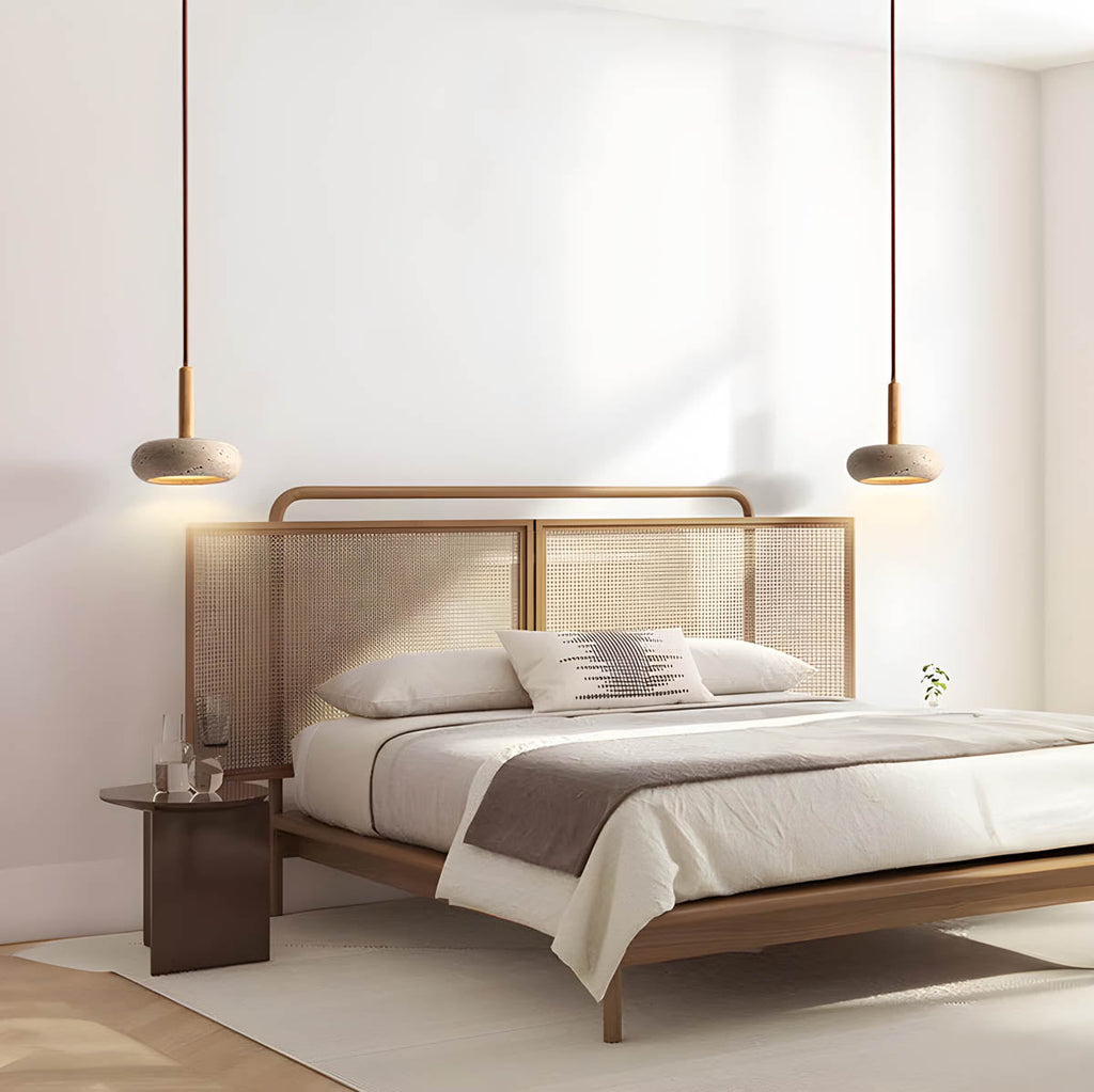 Scandi Travertine Pendant Light with Wood Detail, E27