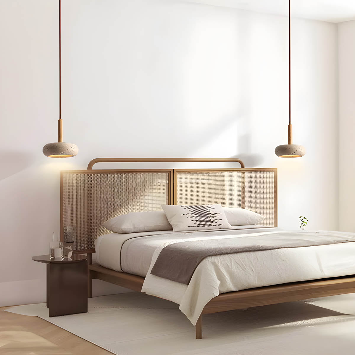 Scandi Travertine Pendant Light with Wood Detail, E27