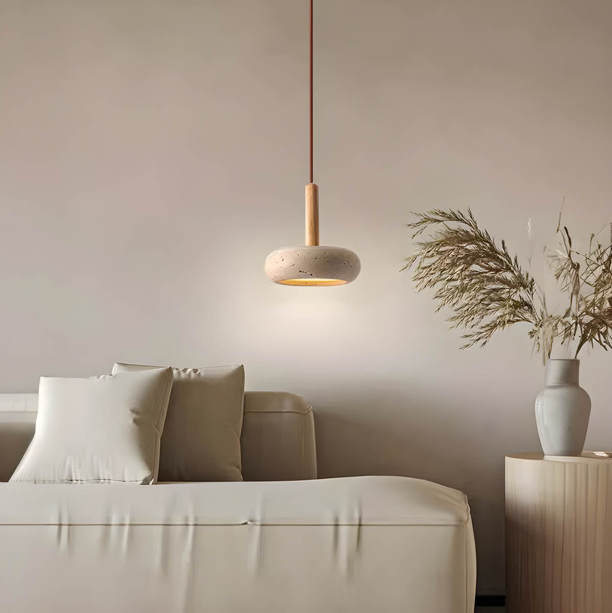 Scandi Travertine Pendant Light with Wood Detail, E27