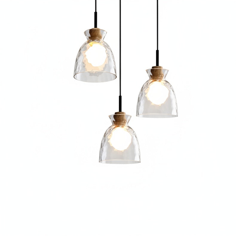 Fluted Glass Pendant Light with Wooden Fitting, 3 Shade Shapes