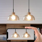 Fluted Glass Pendant Light with Wooden Fitting, 3 Shade Shapes