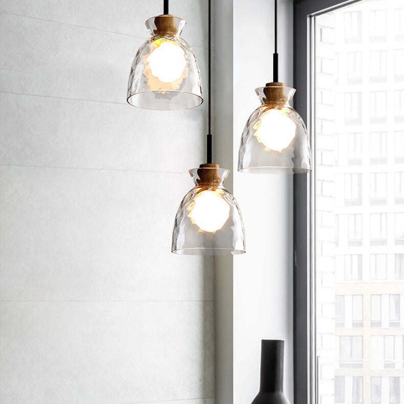 Fluted Glass Pendant Light with Wooden Fitting, 3 Shade Shapes