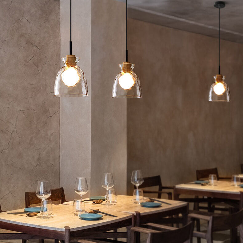 Fluted Glass Pendant Light with Wooden Fitting, 3 Shade Shapes